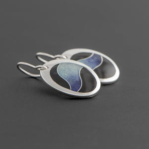 Oval Enamel Earrings with Purple and Blue Wave
